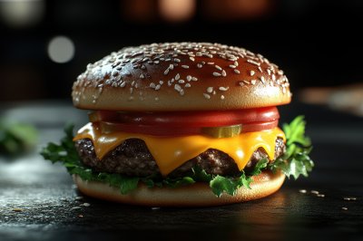 A close-up of a juicy cheeseburger with melted cheese, lettuce, tomato, and a pickle on a sesame seed bun
