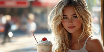 Blonde Girl With Milkshake In City. Milkshake. Ul Ab4f772c Cc08 4549 Bc47 1af79180430c 2 Gigapixel Standard 6x