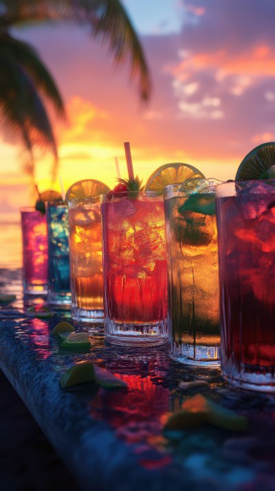 Colorful Cocktails Lined Up On A Beachside Table At Sunset Ai Tropical Drink Ultra Realistic Photorealistic Ar 9 16 Styl 1737702585 Gigapixel Standard 6x