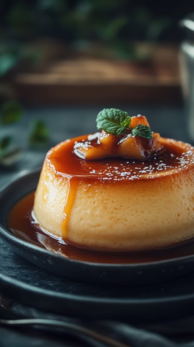 Creamy Flan Dessert With Caramel Topping On A Dar 47c147d9 F196 447c A38a 7a646f554aed 3 Gigapixel Standard 6x