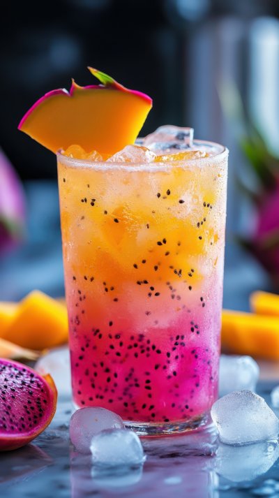 Glass Of Mango Dragonfruit Refresher Drink On Marble Table With Ice Cubes Copy Space Tropical Drink Ultra Realistic Phot 1737729572 Gigapixel Standard 6x