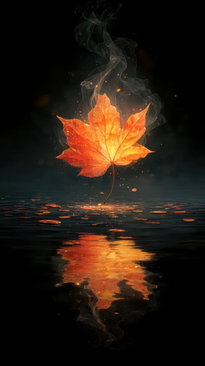 Glowing Autumn Leaf Floats On Dark Water Reflect 48ab82ba A117 493e Abe7 Cd6ec6d97e63 3 Gigapixel Standard 6x