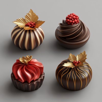Four festive chocolate desserts decorated with gold leaf, berries, and swirls of frosting