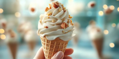 Hand Holding One White Vanilla Chocolate Swirl Ice Cream Gelato Cone With Bokeh Background On Hot Summer Day And Peanuts 1737581053 Gigapixel Standard 6x