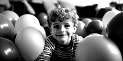 Happy Boy Playing With Balloons At Home. Happy Bi 90f73ac7 E66e 41f2 9d27 D862efdb4324 3 Gigapixel Standard 6x Bw