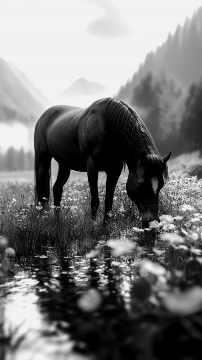 Horse Grazing In Meadow. Wild Horse. Ultra Realis E0854c3b 7a6b 48ba A0b3 Bb1b86b21ed0 0 Gigapixel Standard 6x Bw