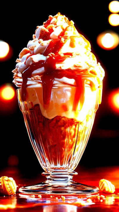 A   d e l i c i o u s - l o o k i n g   c a r a m e l   s u n d a e   w i t h   w h i p p e d   c r e a m   a n d   c o o k i e   c r u m b l e s   s i t s   o n   a   w o o d e n   t a b l e