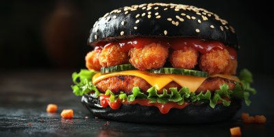 Juicy Burger With Black Buns With Chicken Nuggets Cheese Cucumber And Tomato Sauce On A Dark Background Chicken Cheesebu 1737448875 Gigapixel Standard 6x
