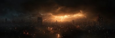 Lightning strikes over a city at night