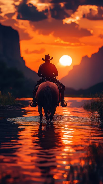 Silhouette Of A Cowboy Riding A Horse Wading Thro C0969851 F7f4 4d22 A462 326bd5ba065f 3 Gigapixel Standard 6x