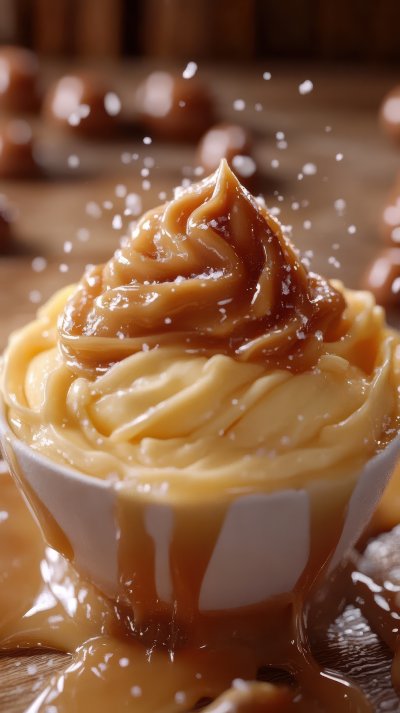 A bowl of caramel-covered dessert is drizzled with more caramel and sprinkled with salt