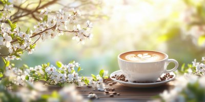 Spring Composition With Cup Of Hot Coffee Among Blooming Tree Branches Outdoors Coffee Cup With Latte Art And Spring Blo 1736427807 Gigapixel Standard 6x