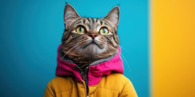 Stylish Cat In Jacket Looks Up With Sharp Features Amidst Colorful Background Cat Sharp Fur Ultra Realistic Photorealist 1736415570 Gigapixel Standard 6x
