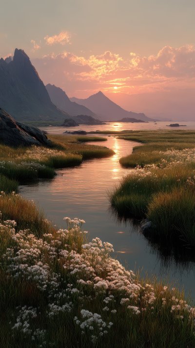 Sunset Over River Wildflowers In Foreground Mount 3a875042 74a8 44a3 8803 A950683631e5 0 Gigapixel Standard 6x