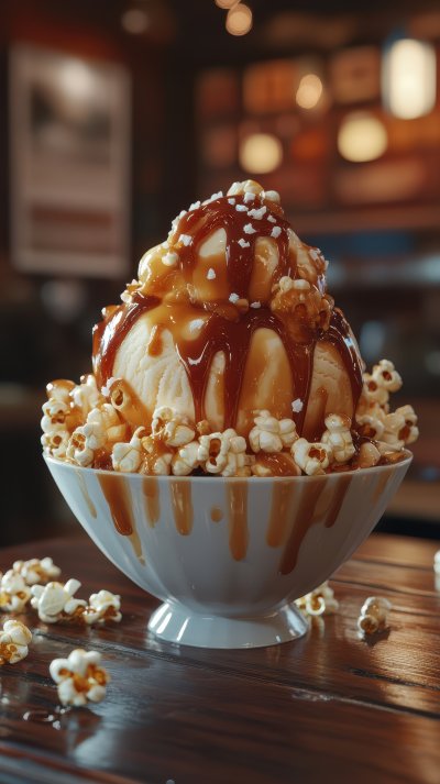 A decadent ice cream sundae with caramel and popcorn sits on a wooden table