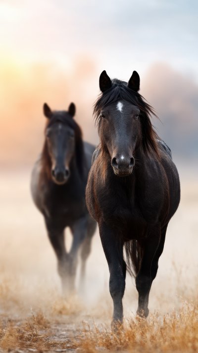 Two Black Stallion Run In Desert Dust Against Sun 0d62f4a4 2df1 4e72 9845 4141113f181e 0 Gigapixel Standard 6x