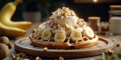 Waffle Topped With Vanilla Ice Cream And Banana Serve On Wooden Plate Over Wooden Table Icecream With Nuts Ultra Realist 1737407024 Gigapixel Standard 6x