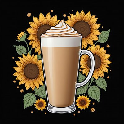 A tall glass of latte with whipped cream is surrounded by sunflowers