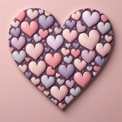 A large heart made of smaller pink, purple, and white hearts on a pink background