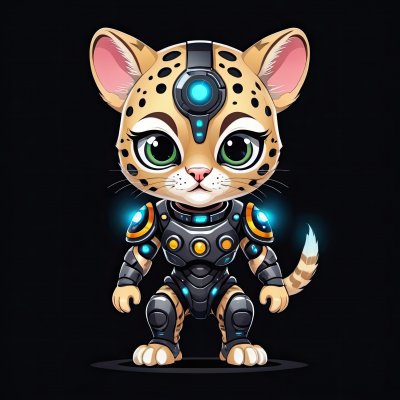 A cute, cartoon cheetah wearing futuristic armor stands against a black background
