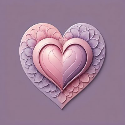 A pink and purple heart with floral details sits on a purple background
