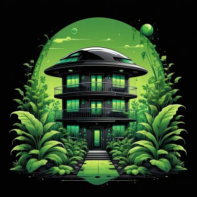 A futuristic, dome-shaped house sits nestled within lush green foliage, offering a glimpse into an imaginative future