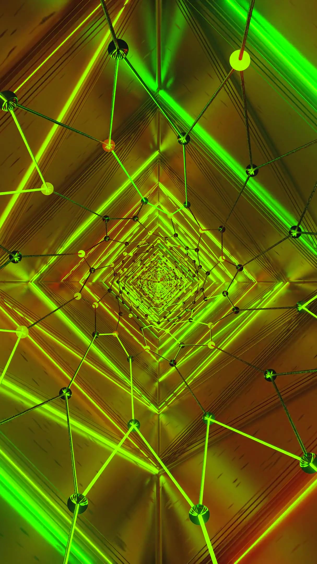 Seamless tunnel video loop with vibrant green and orange lights creating a dynamic visual experience