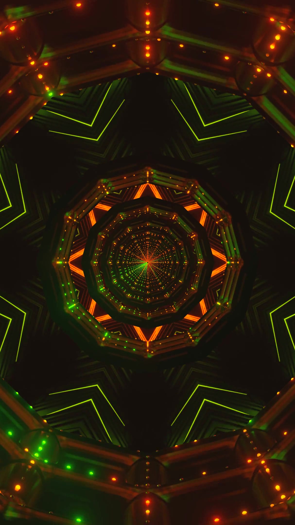 Seamless tunnel vj loop with vibrant orange hues and geometric pa