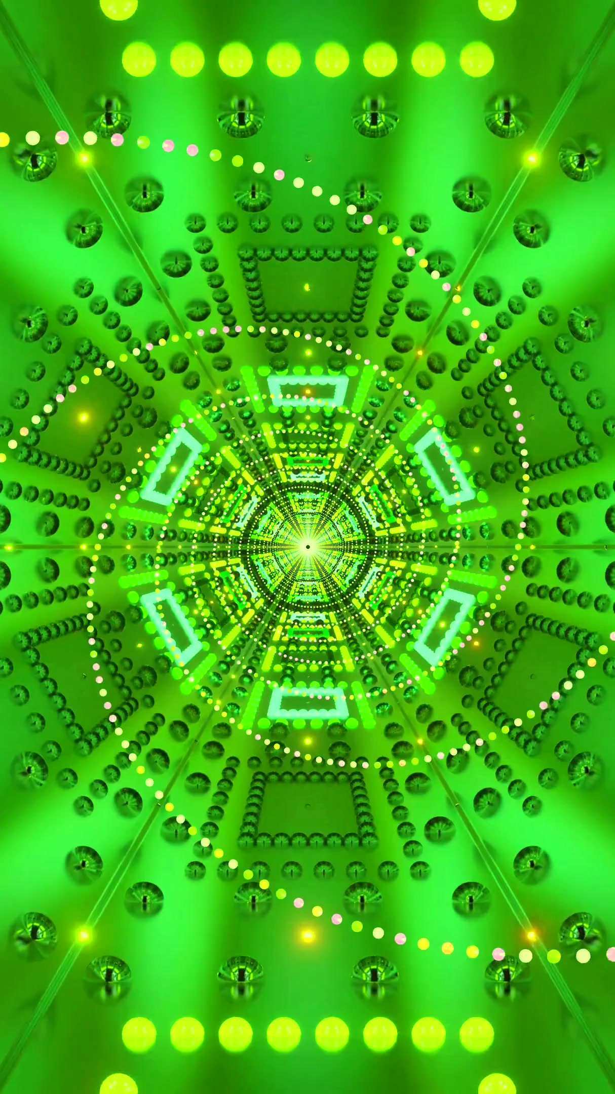 Tunnel video vj loop screensaver creates a vibrant green light display with seamless transitions in a visual journey