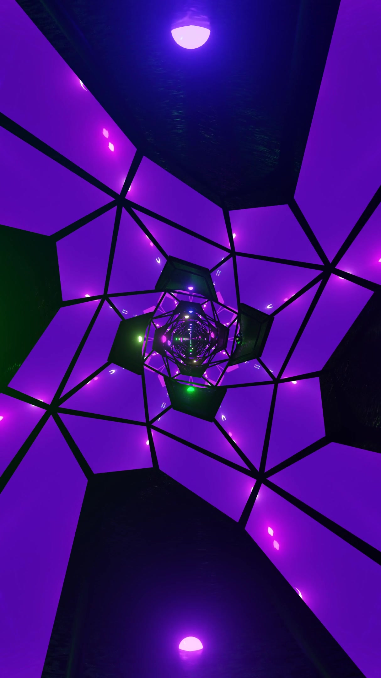 Seamless looping tunnel video screensaver with vibrant purple and green lights creating a captivating visual experience