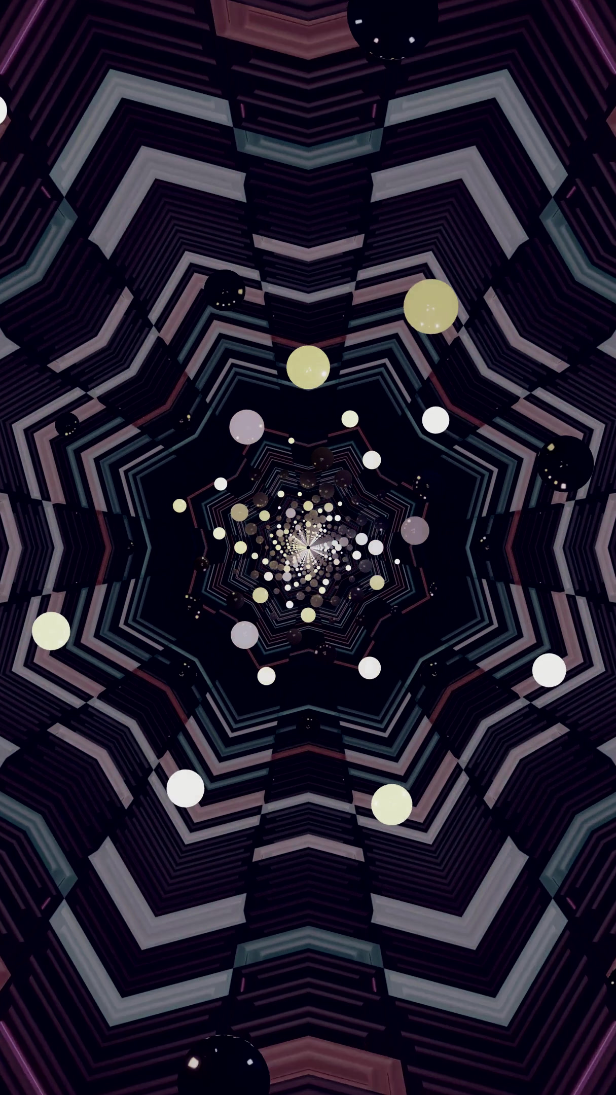 Endless tunnel loop with geometric patterns and floating orbs for