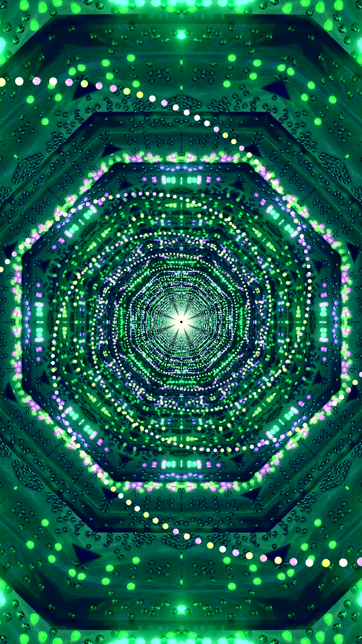 Colorful tunnel video loop screensaver with seamless transition showcasing bright lights and intricate patterns in hexagonal formation