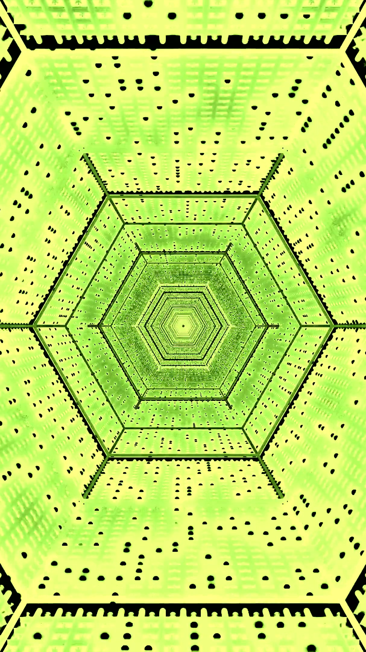 Seamless tunnel video loop featuring bright green hexagonal patte
