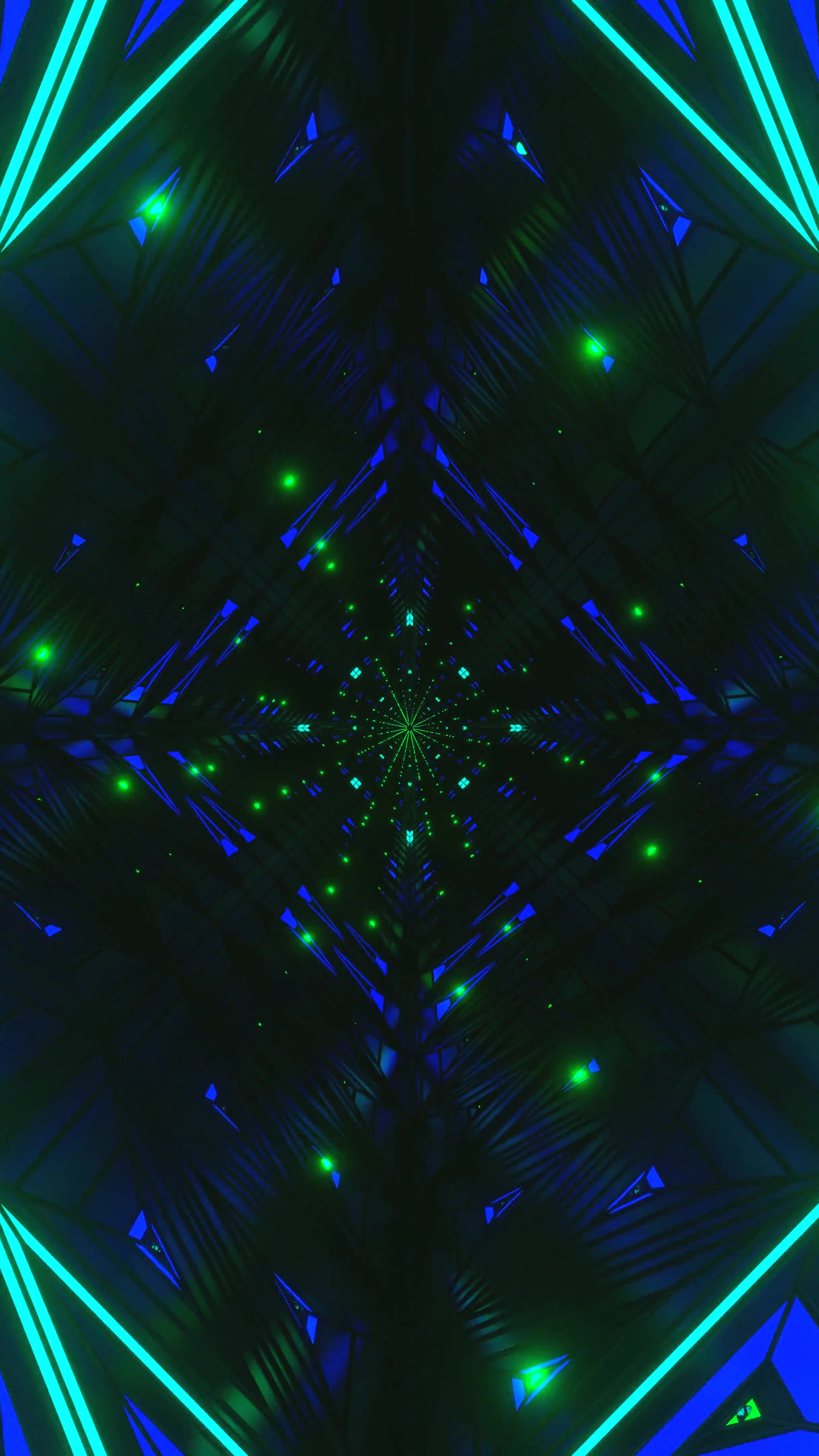 Seamless looping tunnel video vj loop screensaver featuring vibrant green lights in a geometric pattern