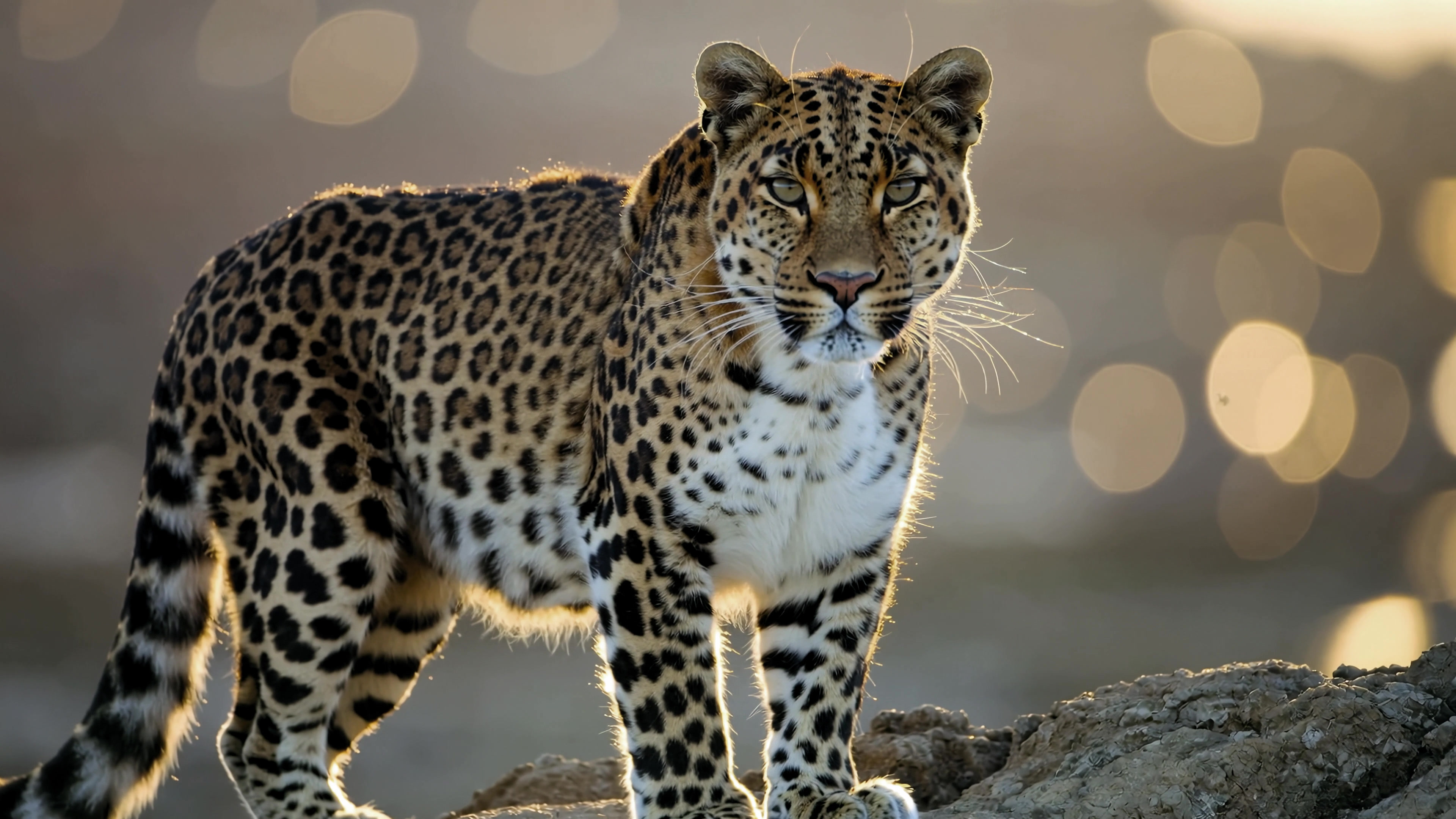 Big cat walks on rock in nature during golden hour light