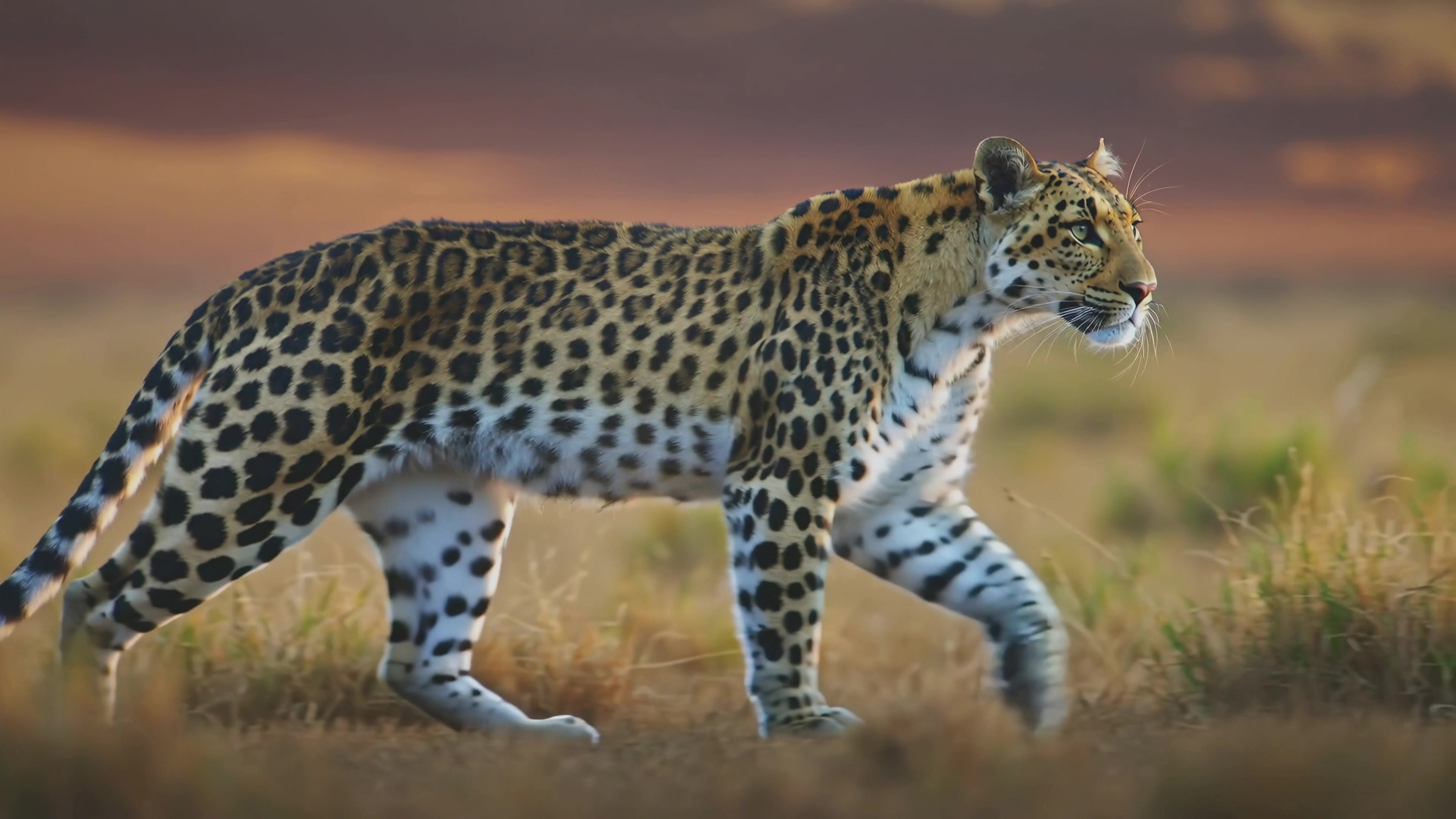 Leopard walks through the grasslands at sunset in the wild
