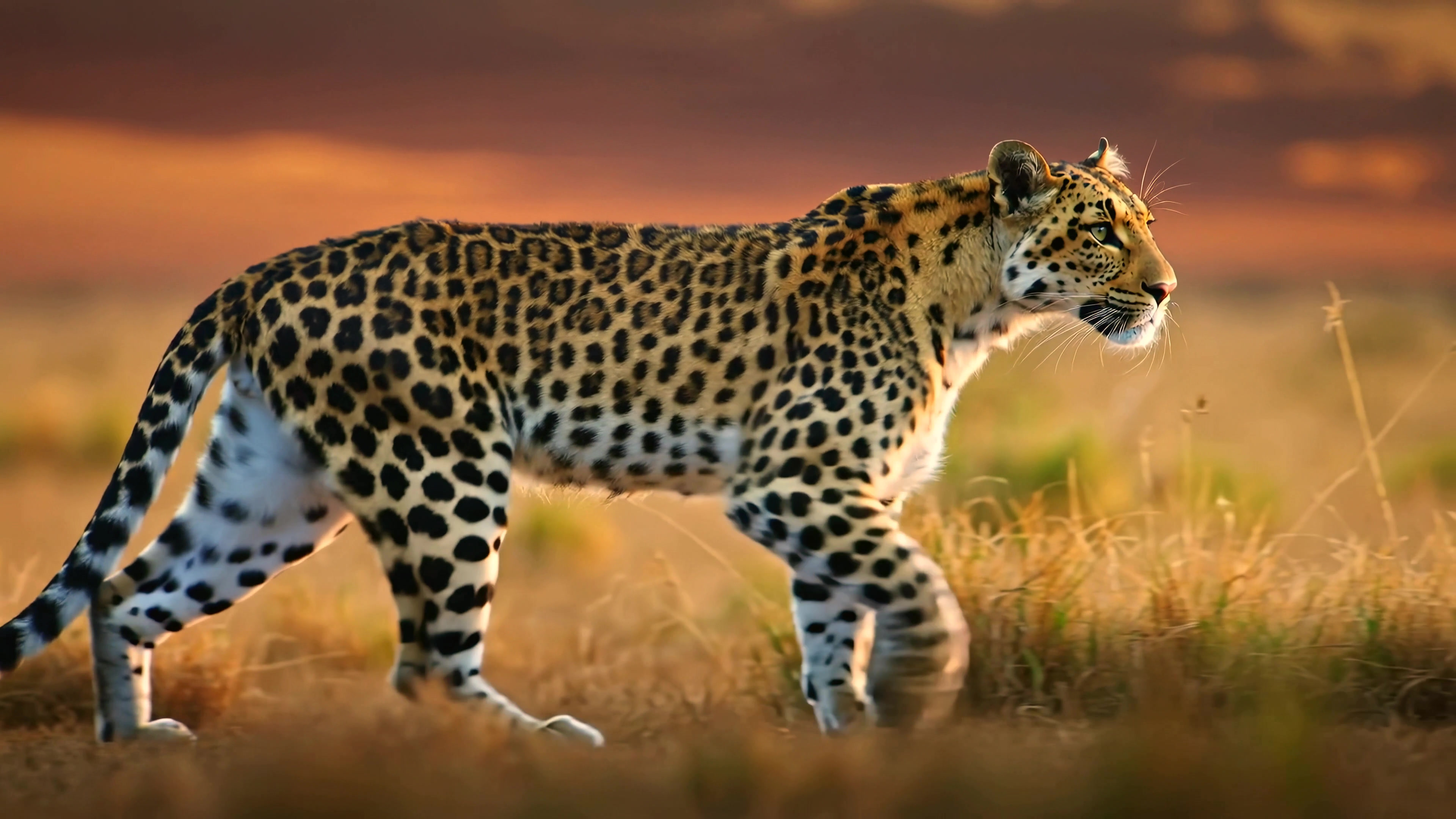 Leopard walks through grassland during sunset in a wildlife habitat, showcasing natural behavior and environment