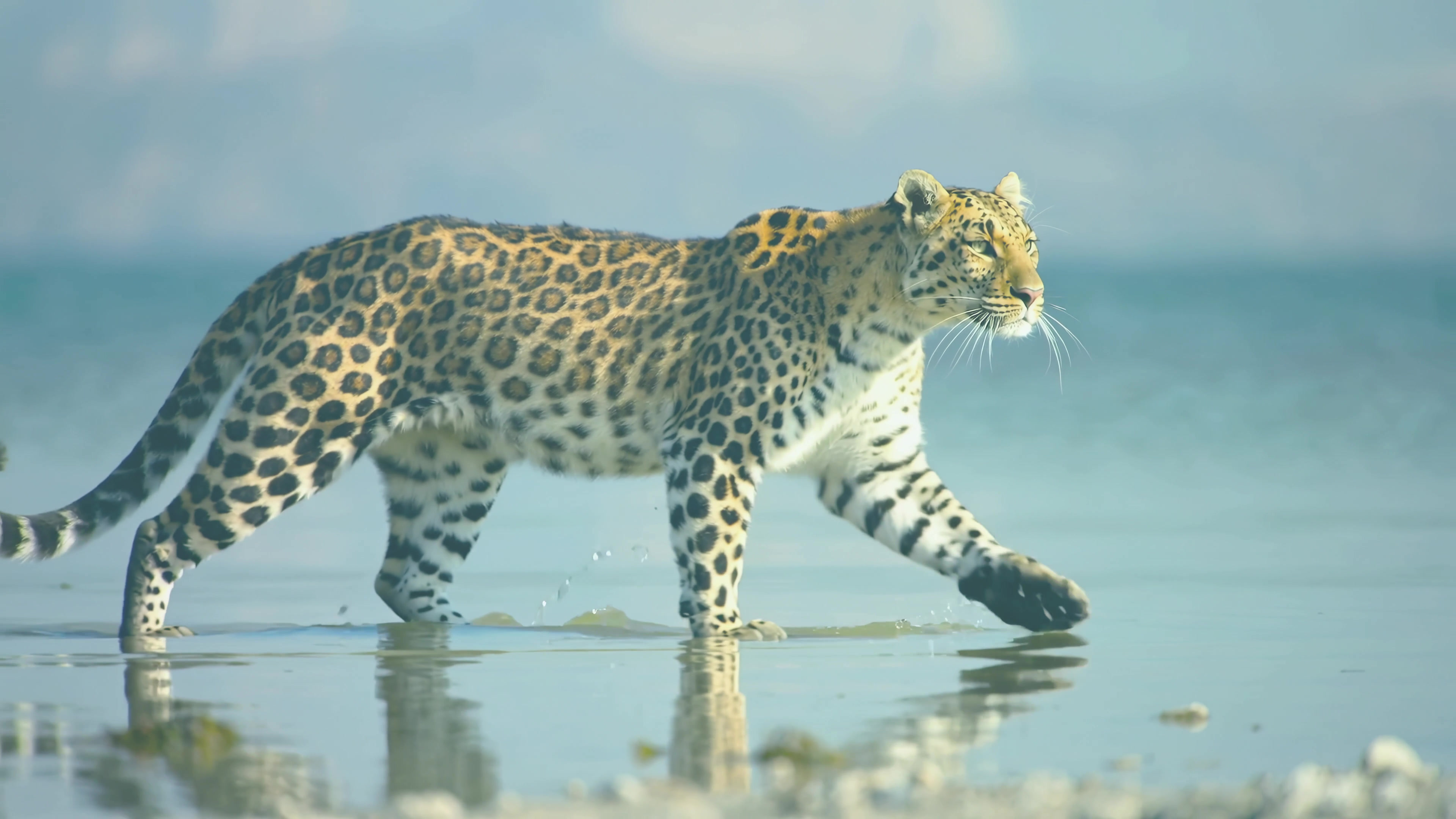 Leopard walks along a body of water observing the surroundings during daylight hours in a natural habitat