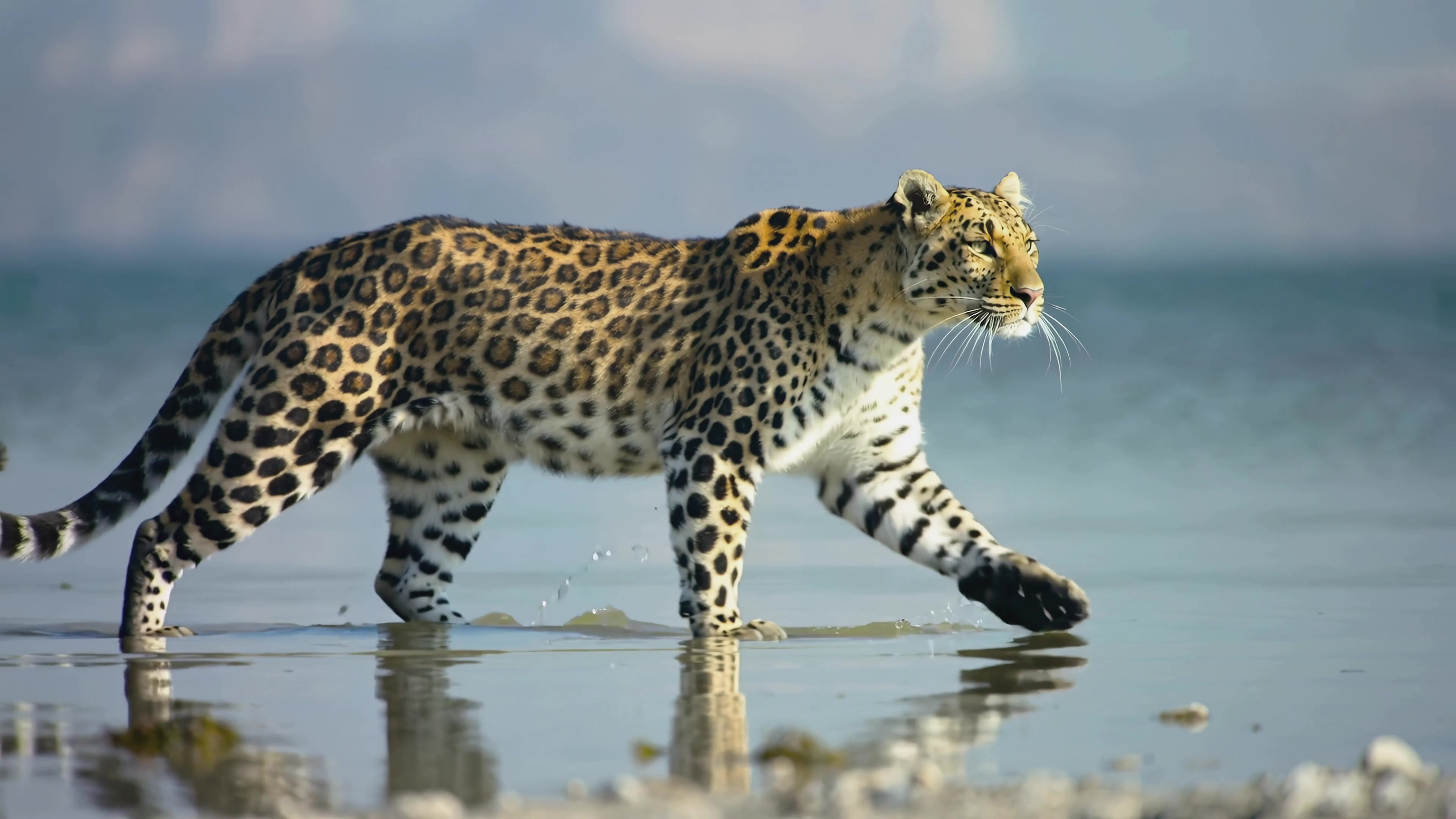 Leopard walks along waters edge in a natural landscape during daylight hours