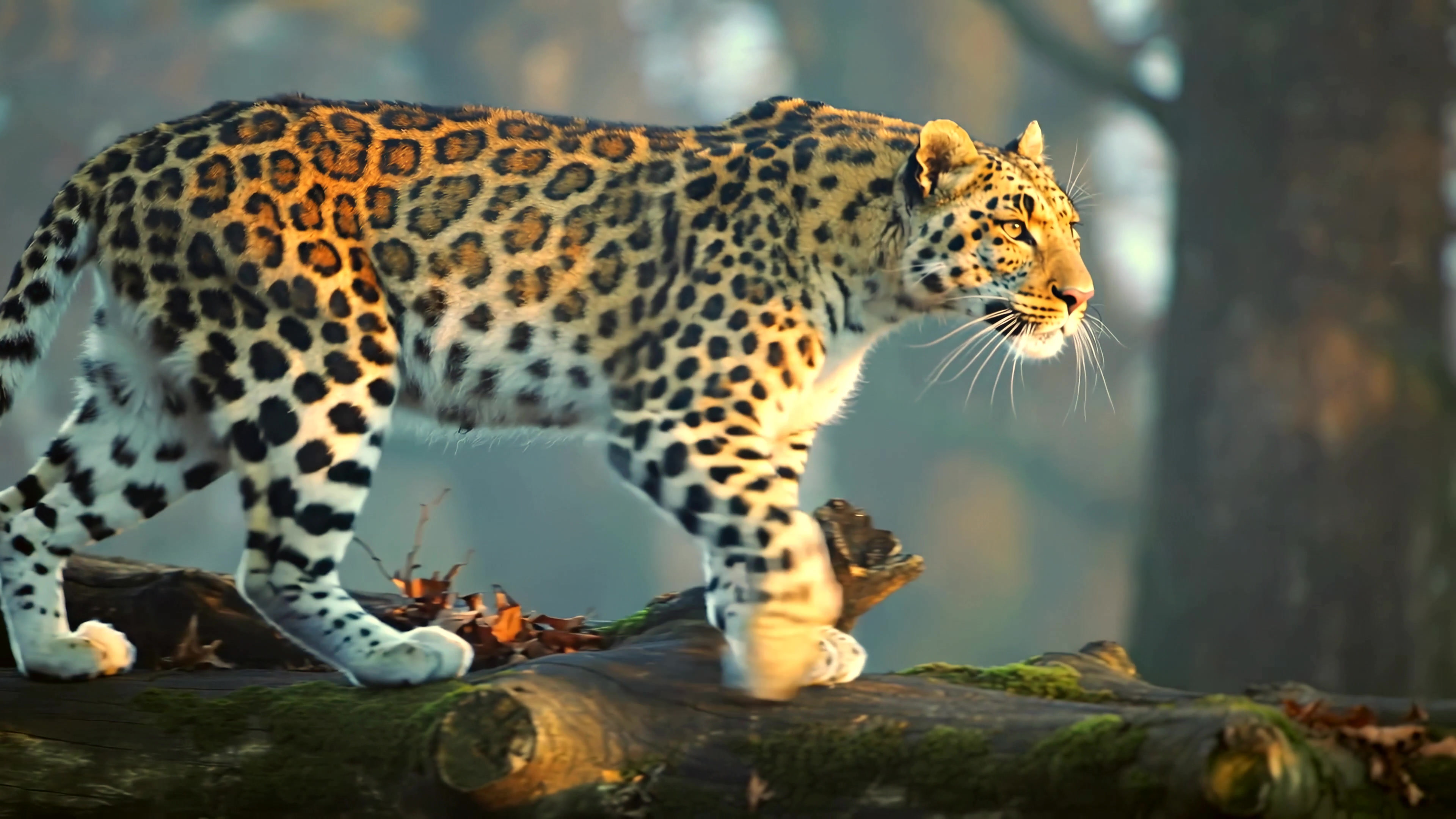 Leopard walks on logs in a forest during early morning light with mist around