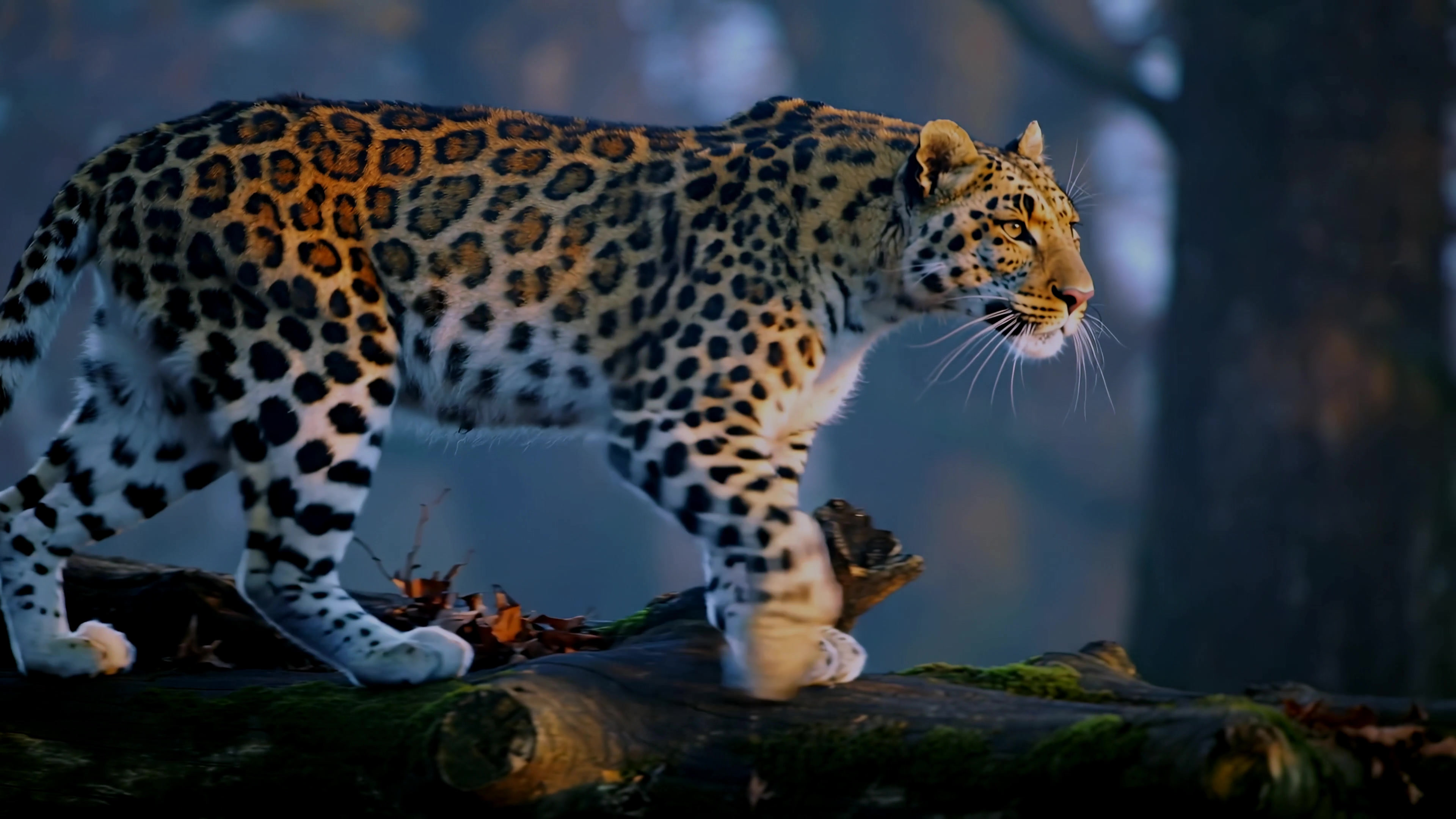 Leopard walks on logs in a forest during the early morning light showcasing its unique coat patterns and hunting skills