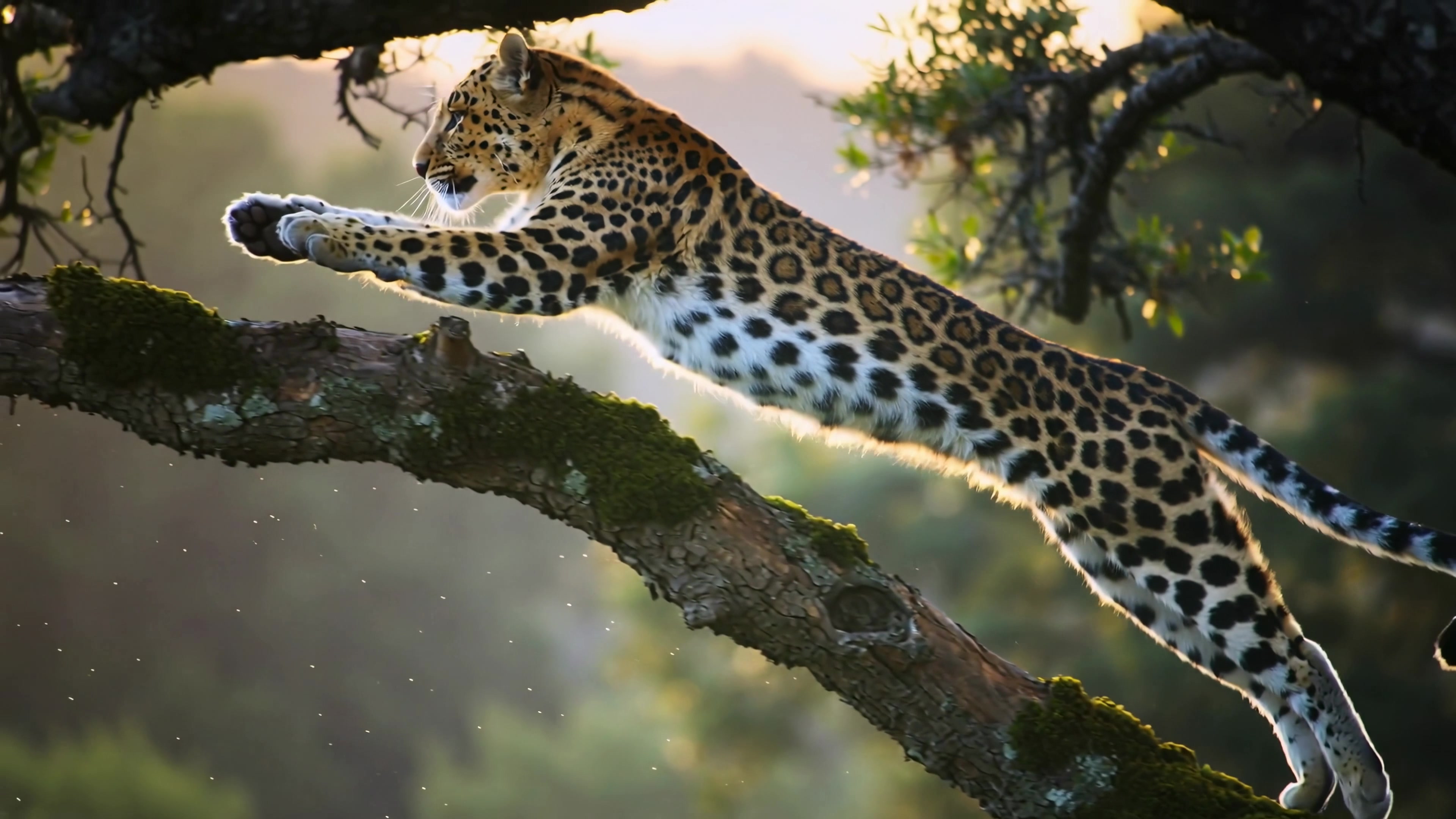 Leopard jumps from tree branch during golden sunset in wilderness