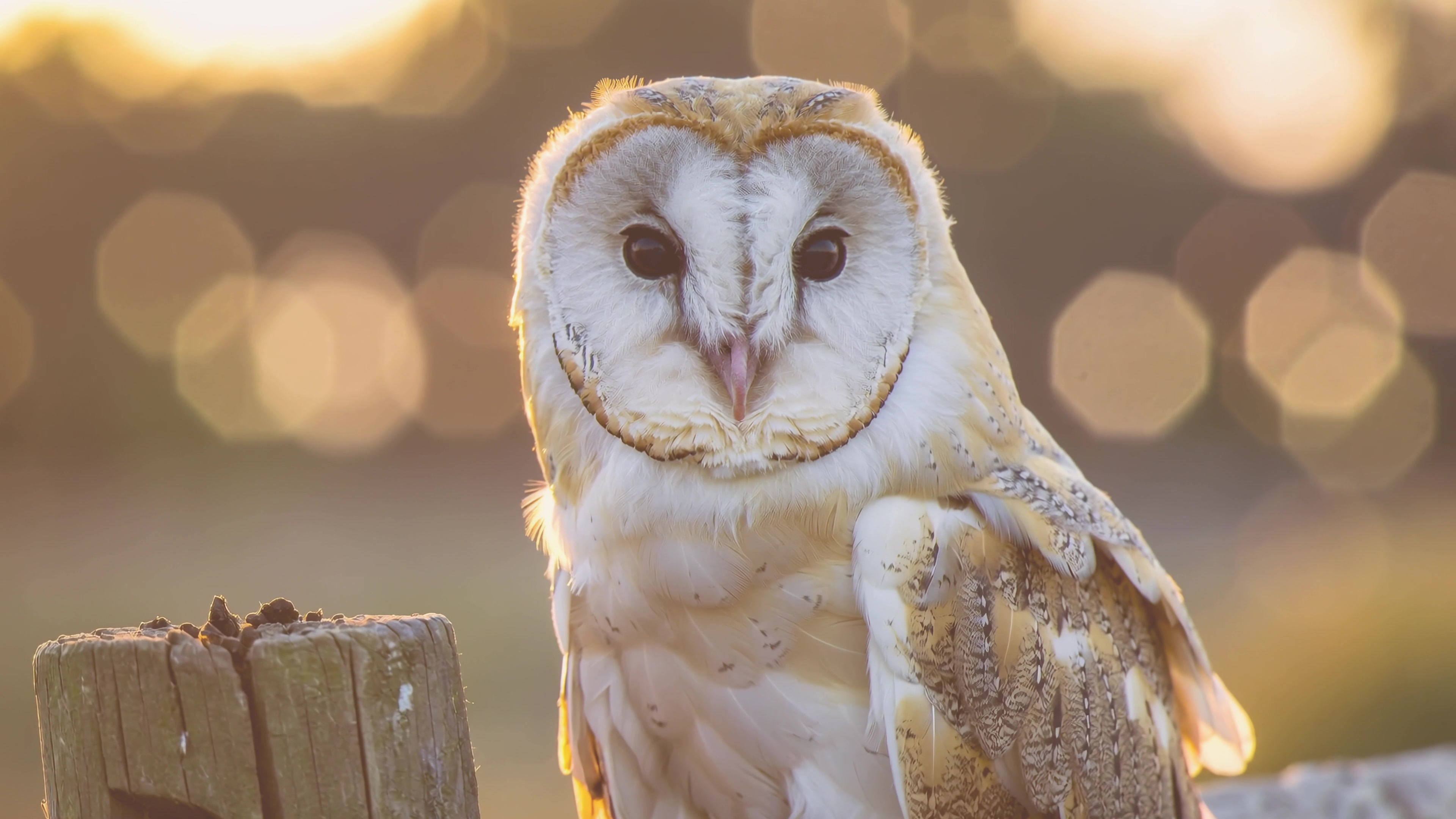 Barn owl perched on wooden fence at sunset with blurred background in nature setting