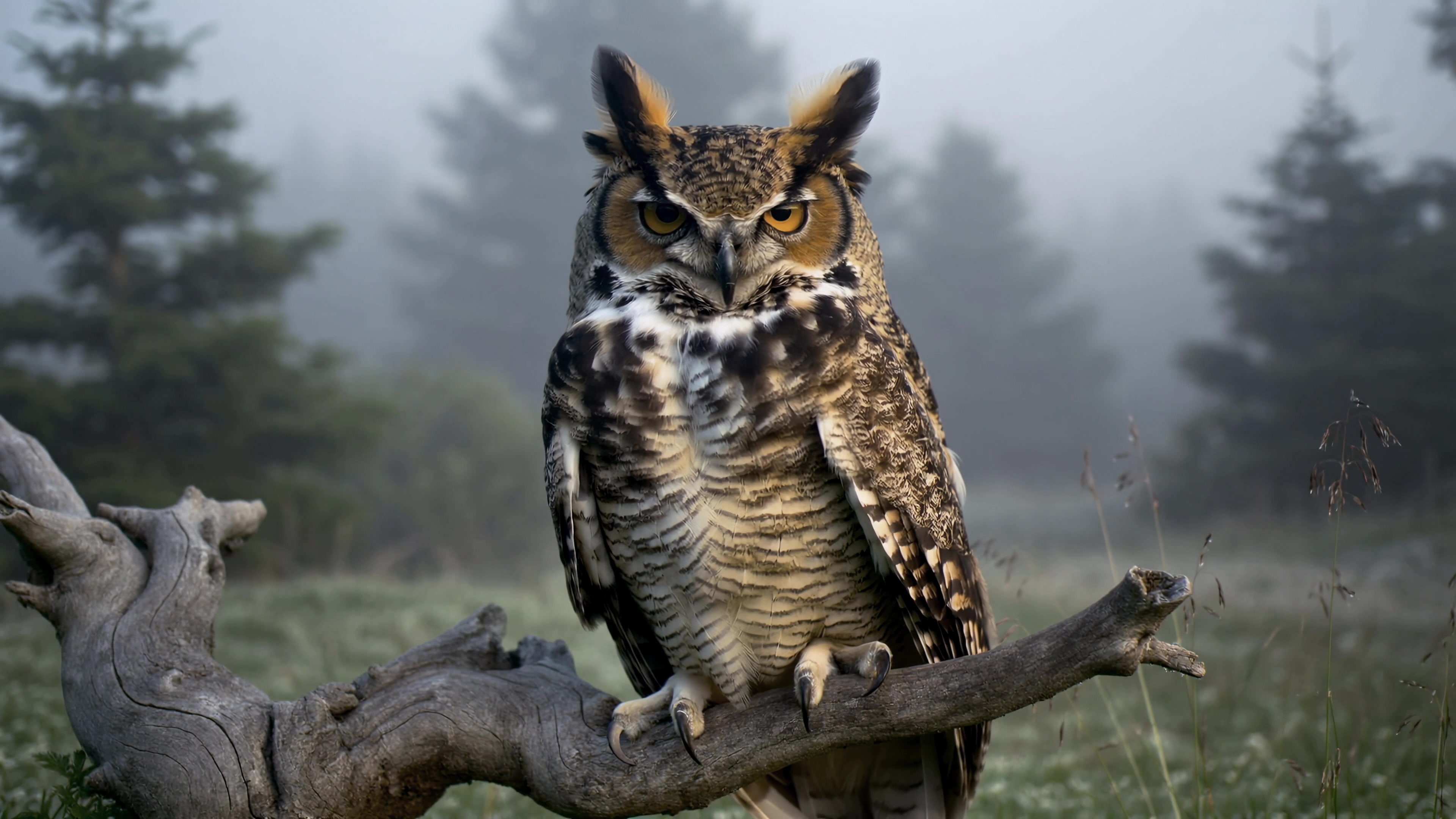 Owl sits on branch in misty forest at dawn with trees in the background
