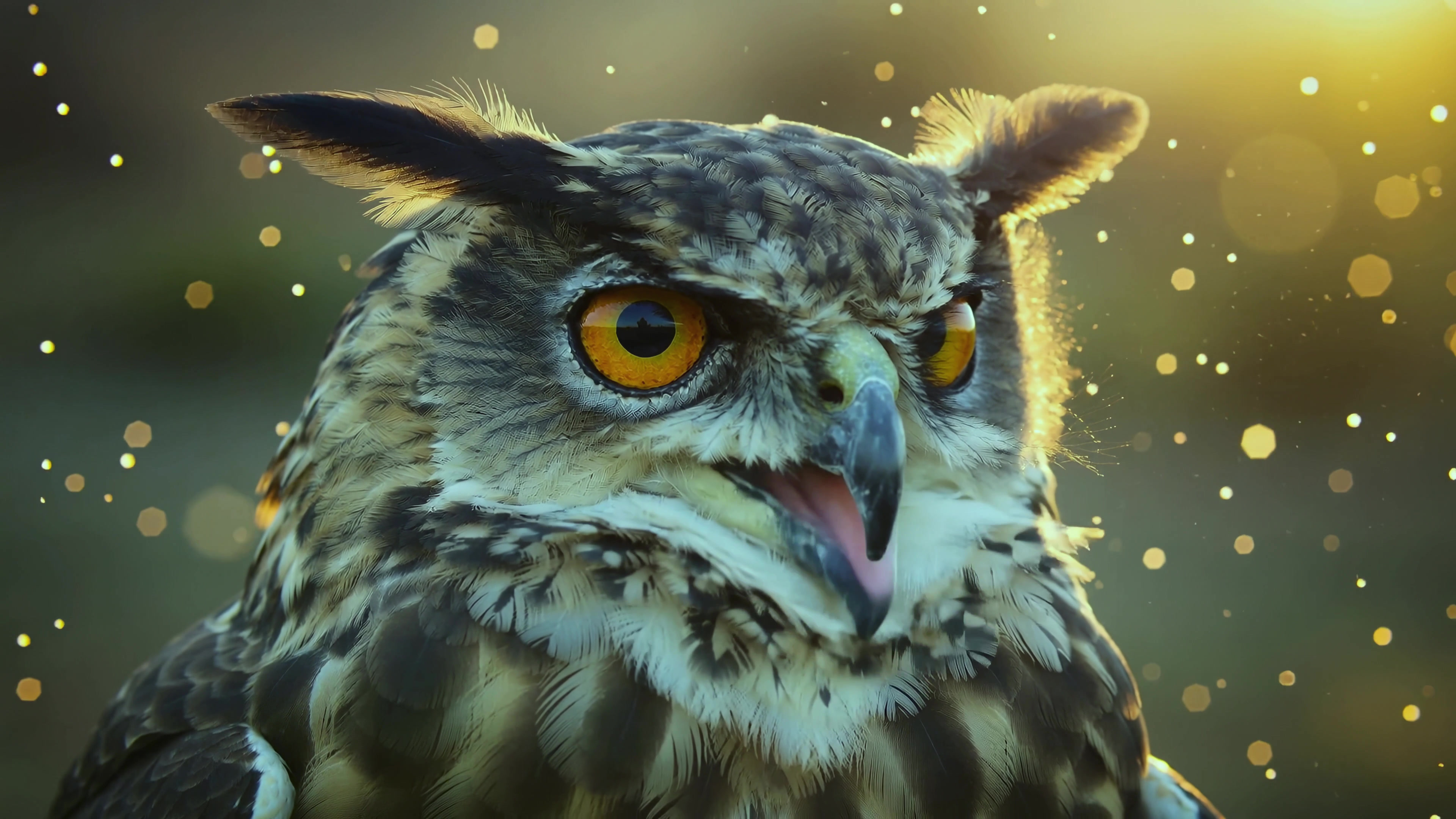 Owl perched in the wild during sunset with golden light shining on its eyes and feathers
