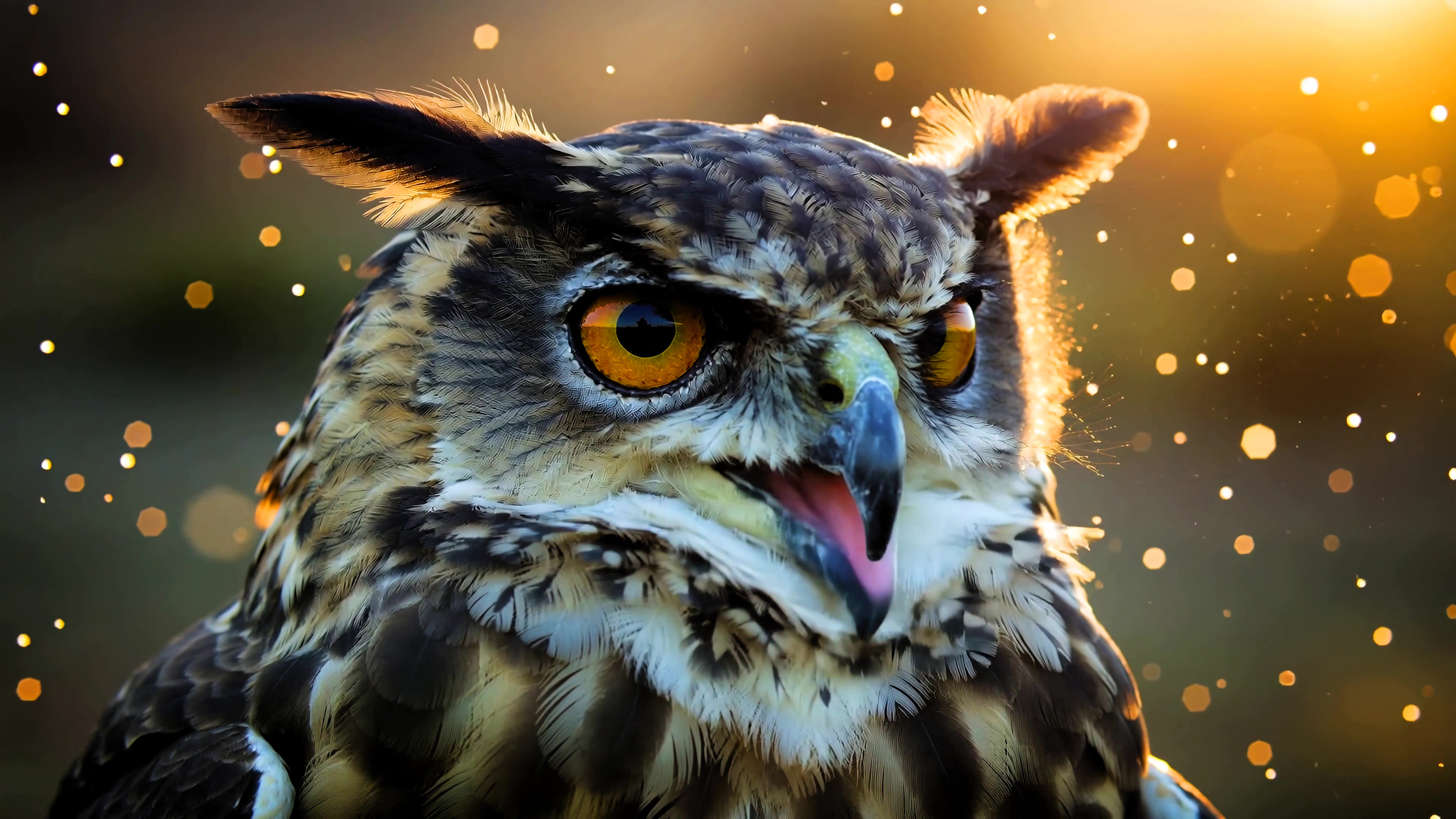 A close view of an owl with bright orange eyes during sunset with sparkles in the background