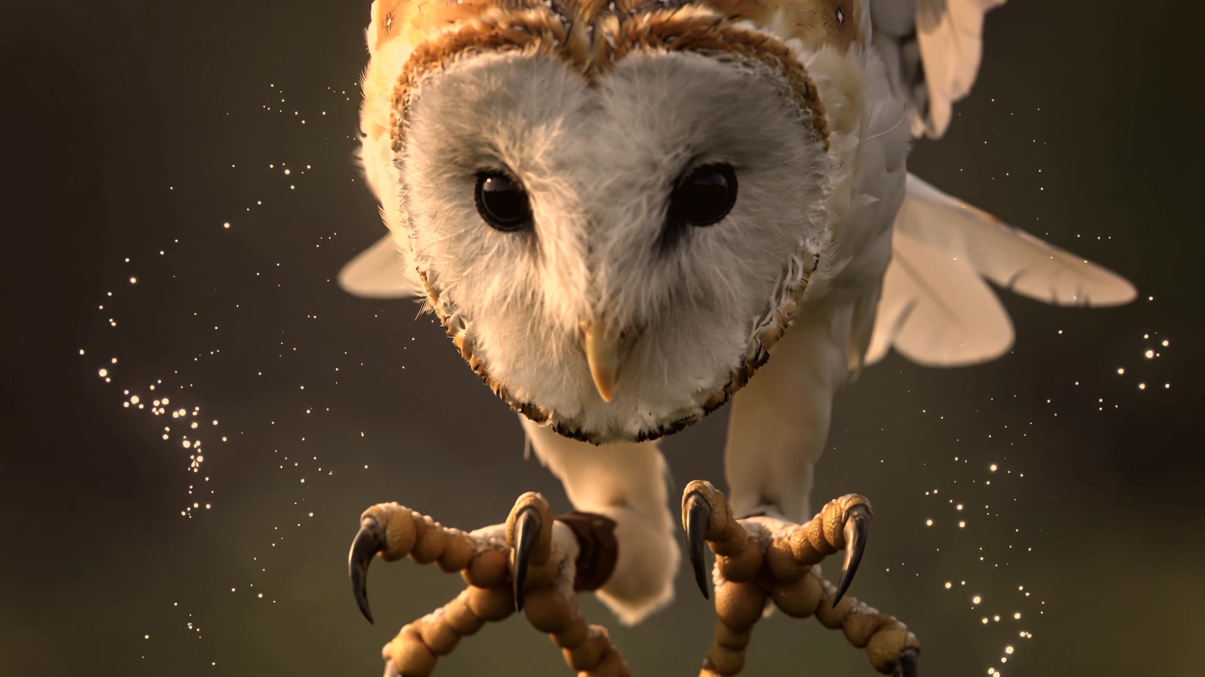Owl flies close to camera, showcasing details of feathers and eyes during evening light in a wooded area