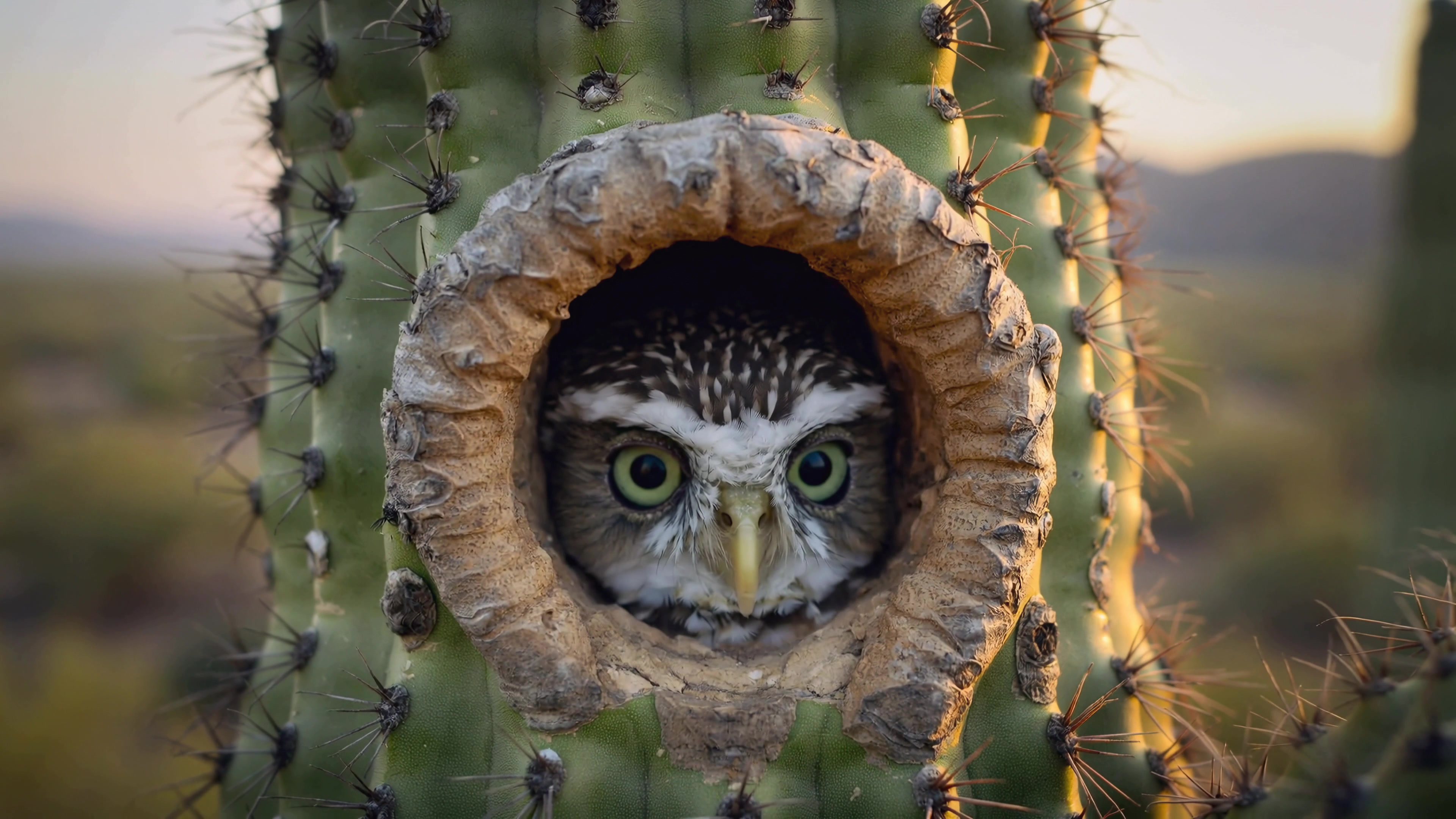 Owl rests inside cactus in desert landscape during sunset with natural light