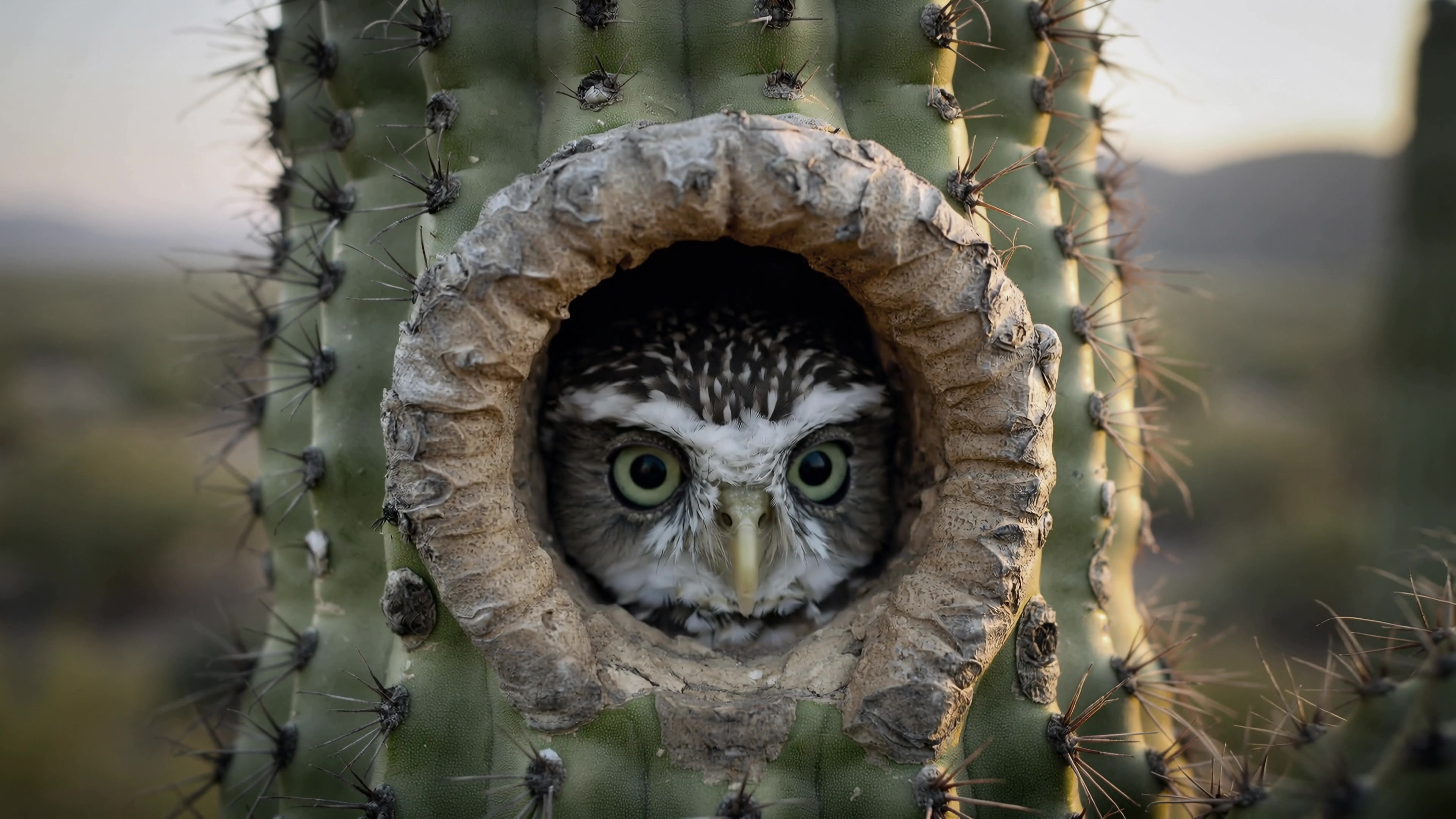 Owl peeks out from cactus hole in desert at dusk with soft light illuminating surroundings