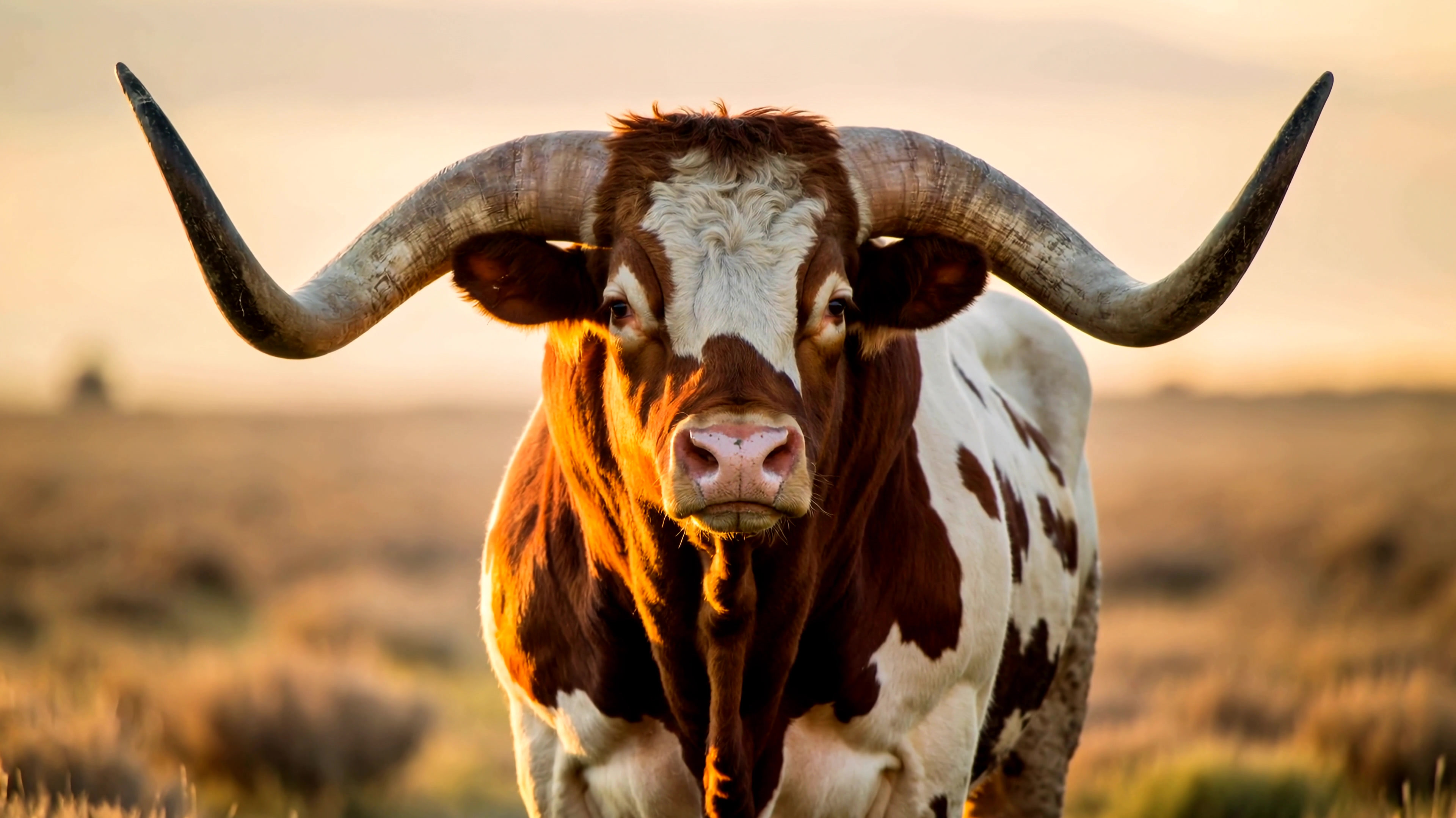 Brown and white cow with large horns standing in a field at sunset in a rural area